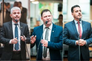 Delegado Egídio (e), Massocco e Soratto venceram as disputas em Blumenau, Concórdia e Tubarão, respectivamente. FOTO: Montagem/Agência AL
